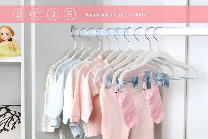 ManGotree 11.8'' Baby Velvet Hangers with Movable Clips, Non-Slip Kids Clothes Hangers, Ultra-Thin Space-Saving Children's Felt Hangers for Shirts, Pants, Dresses, Skirts, Jackets (16 Pack, White)
