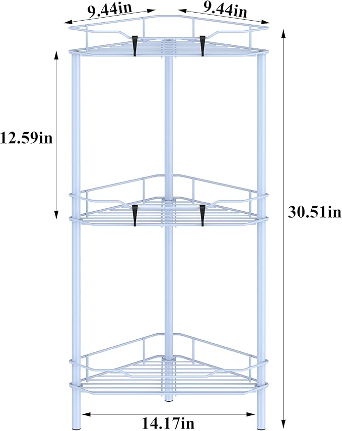 HuggieGems 3 Tier Floor Standing Corner Shower Caddy Organizer Shelf with Hooks, Bathroom Shelves Stand Rack, Blue