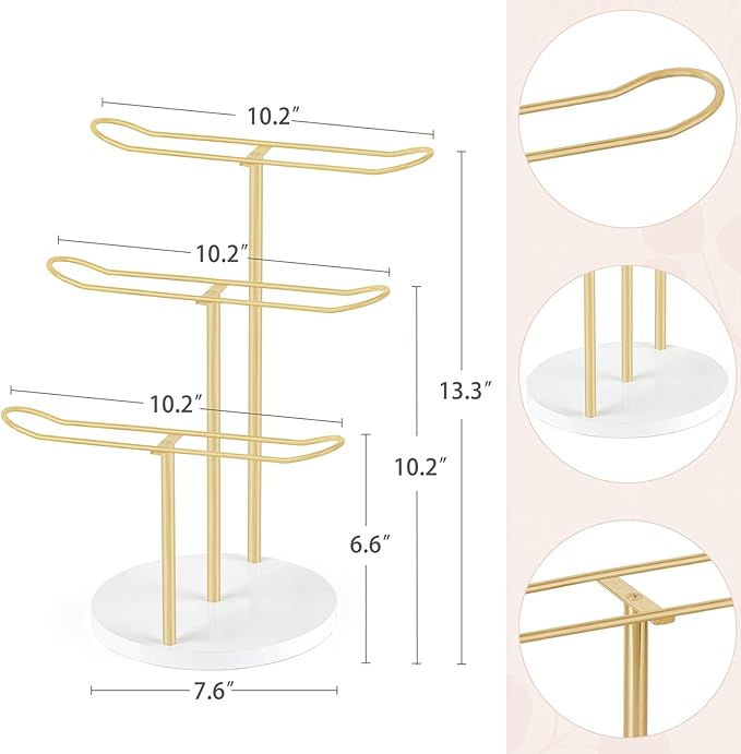 Dahey Headband Holder Organizer Metal 3-Tier Hair Hoop Display Stand Headband Organizer Storage Hair Ropes Accessories Bracelets Bangles Bedroom College Dorm Decor for Girls Women, Gold
