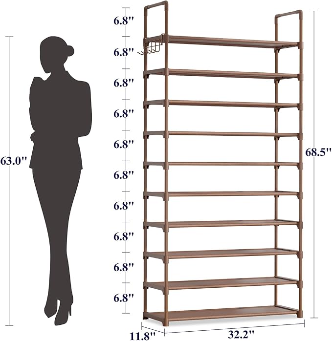 Kitsure Shoe Rack for Closet - 10-Tier Shoe Organizer with Hook Rack, Large-Capacity & Space-Saving Shoe Shelf for Entryway, Bedroom, Living Room,32.2" x 11.8" x 68.5", Brown