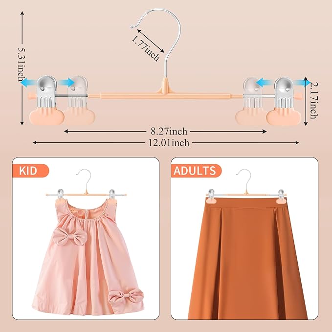 HUADYMEET 20 Pack 12Inch Pants Hangers with Wide Clips,Metal Trouser Hangers for Jeans. Space Saving Heavy Duty Non-Slip Adjustable Closet Organizers and Storage Shorts Hanger for Women, MenCoral Pink