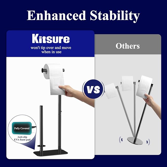 Kitsure Toilet Paper Holder Free Standing - Large Capacity Toilet Paper Holder for 4 Rolls, Rustproof Toilet Paper Stand with Non-Slip Stable Base, Black, Medium