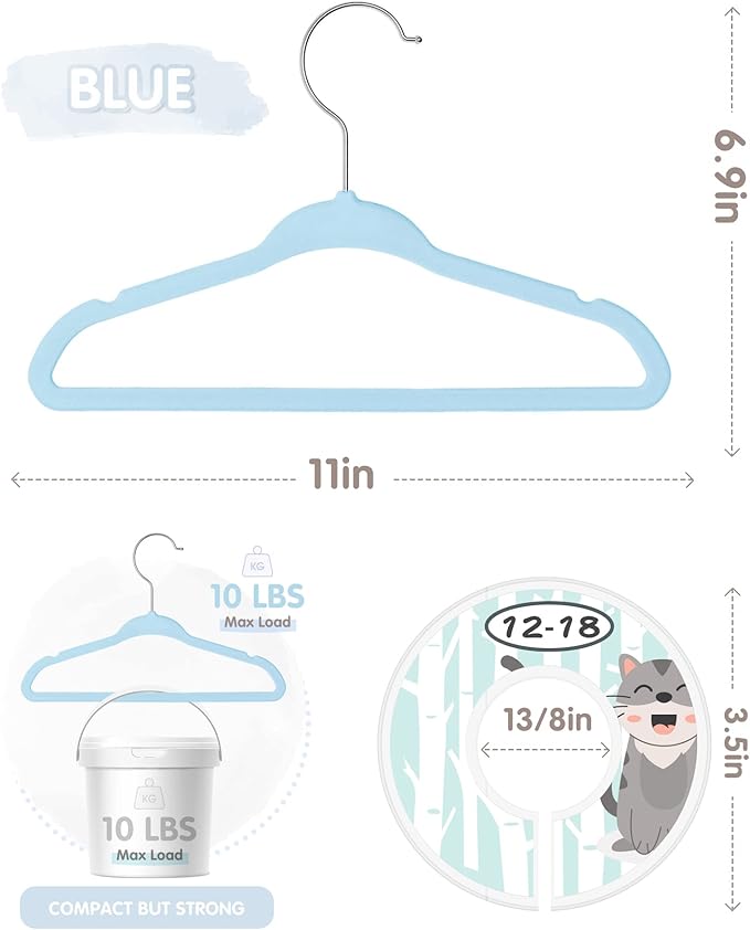 VIS'V Baby Hangers, 11 Inch Velvet Kids Hangers with 6 Pcs Clothes Size Dividers, Infant Toddler Nursery Closet Organization, Non Slip, Blue, 50 Pcs