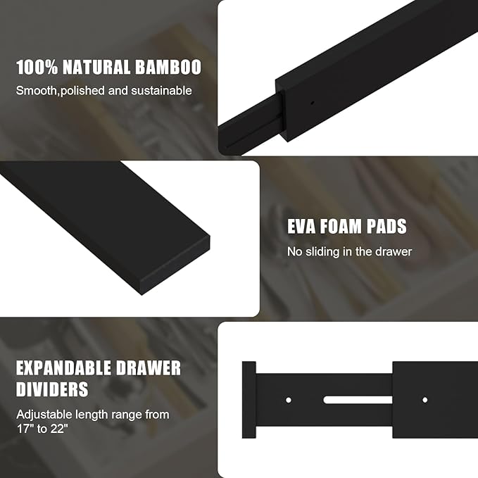 Bamboo Drawer Dividers,17-22" Adjustable Kitchen Drawer Organizer for Clothes,6 Pack Expandable Drawer Organization Separators for Bedroom,Bathroom,Dresser and Office,Black