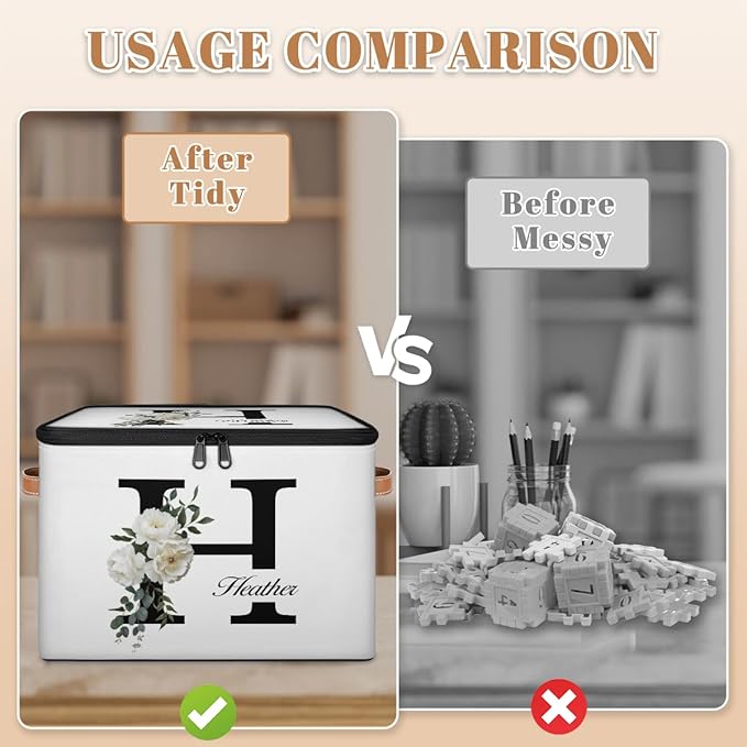 Custom Initials Floral Storage Bins with Lid, Foldable Personalized Storage Basket Boxes with Handle Shelf Basket Closet Organizer Cube