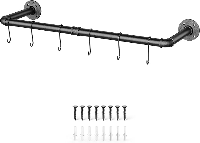 OROPY Industrial Pipe Clothing Rack 38.4", Heavy Duty Detachable Wall Mounted Clothes Rack Black Iron Garment Bar, Multi-purpose Hanging Rod for Closet Storage, Black (Two Base)