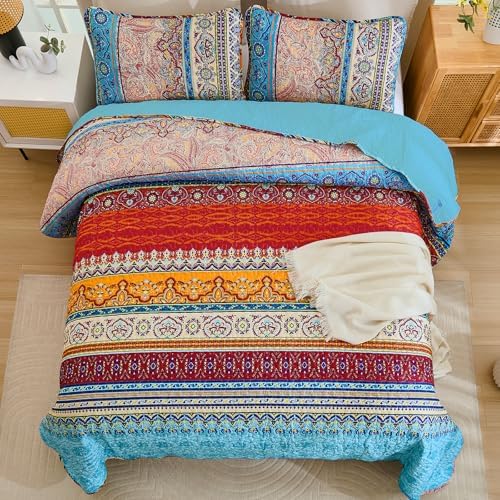 WONGS BEDDING Blue Quilt King Size, Boho Stripe Bedding Set - Image 6