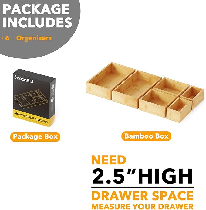 SpaceAid 6 Pcs Bamboo Drawer Organizer Storage Box Set, Multi-Use Drawer Organizer Bin for Kitchen, Bathroom, Office Desk and Makeup (6 Boxes)