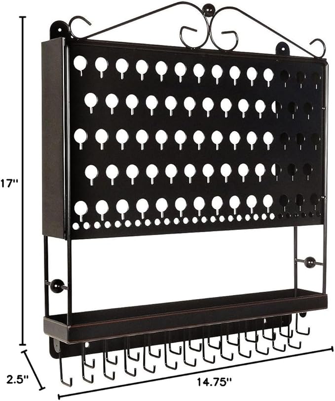 JR20-ORB Oil Rubbed Bronze Wall Mounted Organizer Necklace Holder Earring & Jewelry Display Rack with Tray
