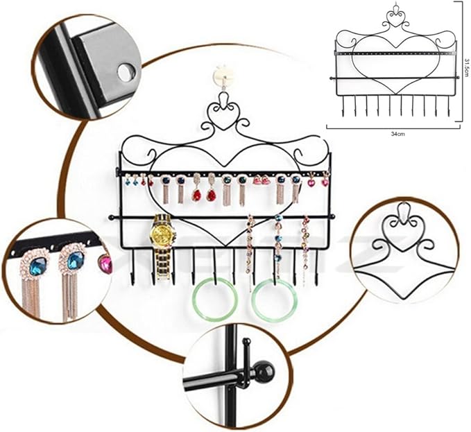 Wall Hanging Jewelry Organizer Holder, 28 Hooks Wall Mounted Storage Shelf, Heart Shape Earrings Necklace Display, Bracelet Key Chain Bangle Metal Hanger Rack – Gift for Ladies Women (Black)