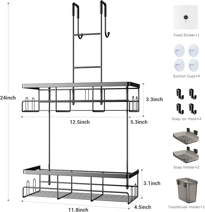 Aitatty Over the Door Shower Caddy Hanging: Black Rustproof Shower Organizer over the Door - No Drilling Bathroom Rack for Inside