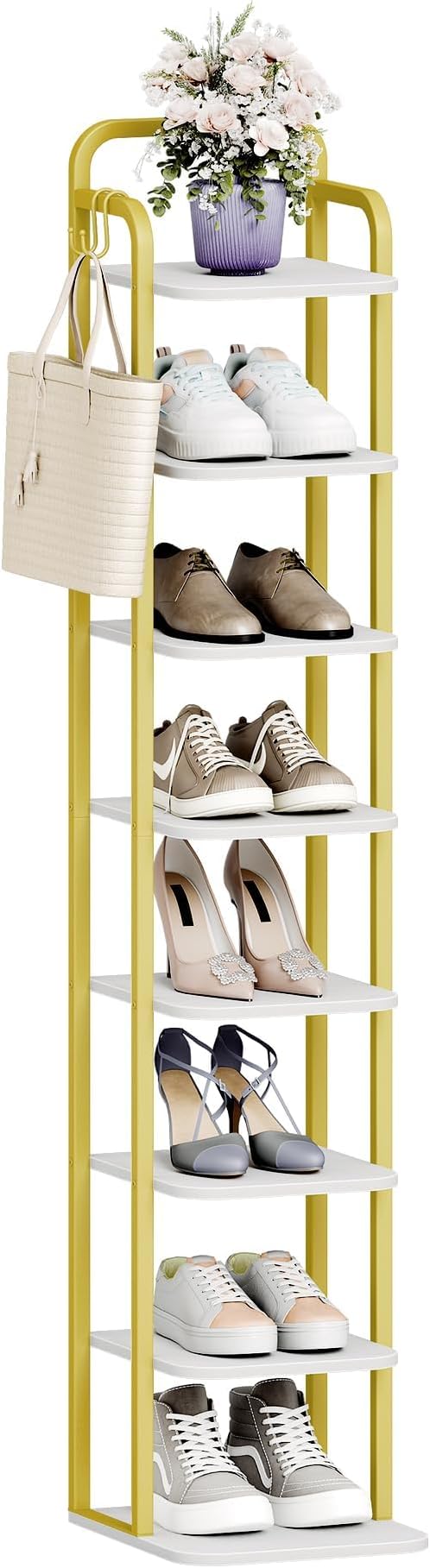 Hzuaneri 8 Tiers Vertical Shoe Rack, Narrow Shoe Tower, Tall Shoes Shelf with 2 Hooks, Adjustable Shelves, Corner Shoes Shelves for Small Spaces, Entryway, Living Room, White Gold SR04313A