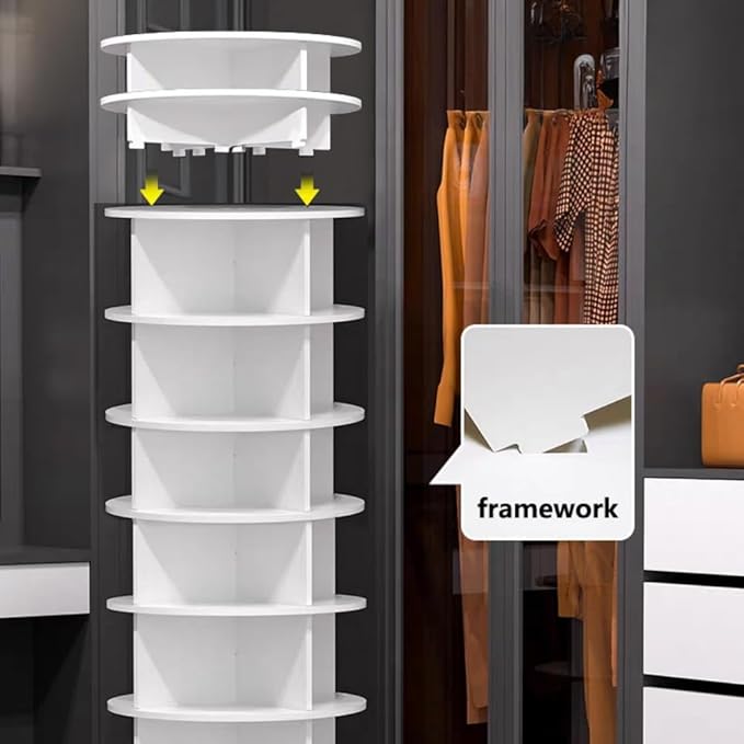 Shoe Organizer 6-Tier Spinning Shoe Rack - 360° Rotating Storage Organizer for 20-30 Pairs, Space Saving Narrow Design for Entryway/Closet Closet Handbag Display Rotate (White04)