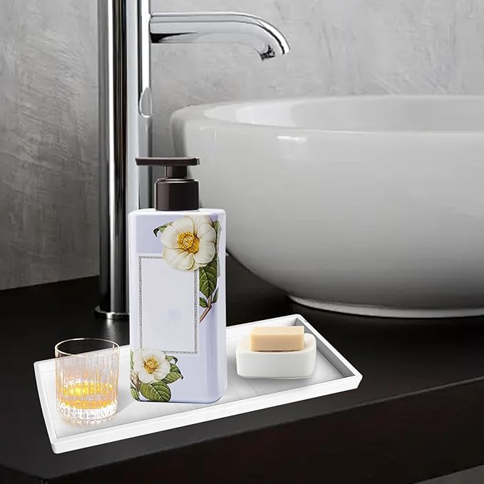 2 Pack Bathroom Tray Countertop, Large 12'' Shatterproof Silicone Vanity Tray Rectangular Toilet Tank Tray, Soap Dispenser Tray Sponge Holder for Kitchen Sink (Marble White)