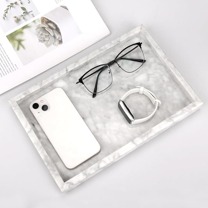 Marble Bathroom Vanity Tray, Natural Luxury Vanity Home Kitchen Bathroom Table Tray, Stone Decorative Countertop Dresser Trays for Key Coffee Perfume Jewelry Makeup (Carrara White, 12"x 8" x1.2")