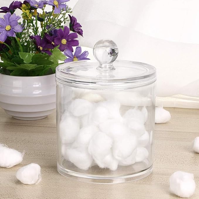 Acrylic Makeup Organizer Cosmetic Storage Display Case Makeup Brush Cotton Ball Pads Swab Q-tip Holder Lipstick Dispenser Canister Bathroom Container (3.7x3.7x3.9in, 1 Box, Clear)