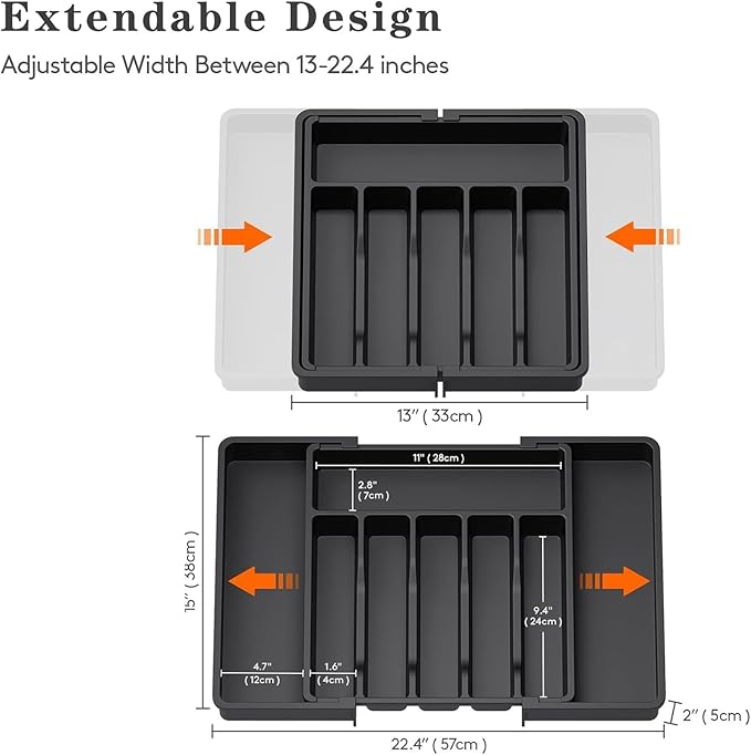Silverware Drawer Organizer, Expandable Kitchen Drawer Organizer, Adjustable Cutlery Storage, Flatware and Cutlery Holder for Spoons Forks Knives (Gray)