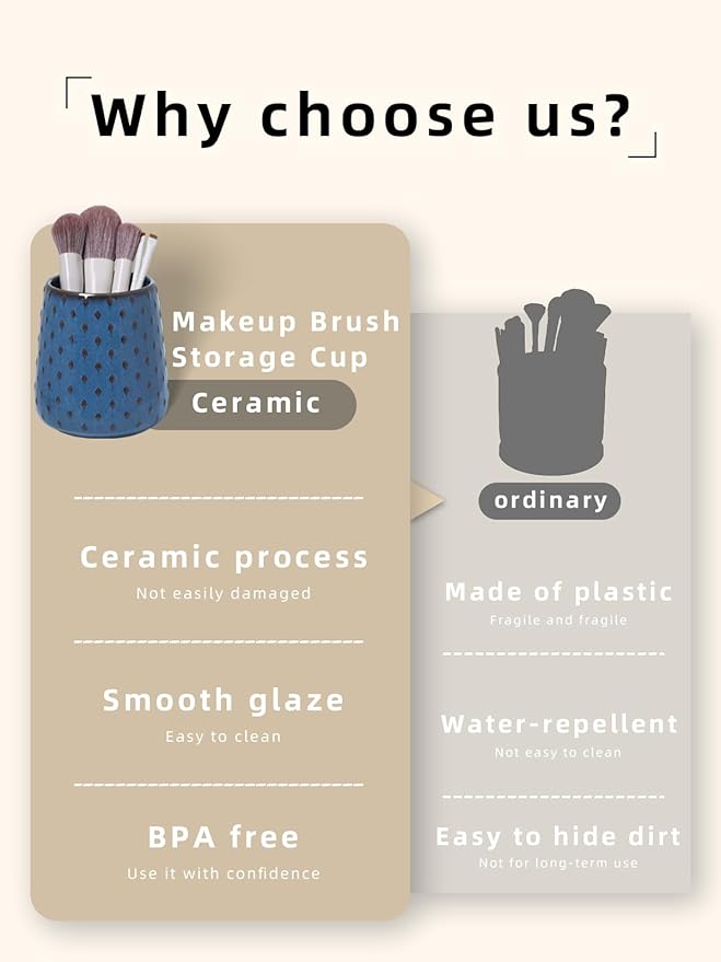 Ceramic Makeup Brush Holders, Farmhouse Bathroom Vanity and Countertop, Brushes Cup for Bathroom Cosmetics, Lipsticks, Vanity Desktop Storage (Vintage Blue)