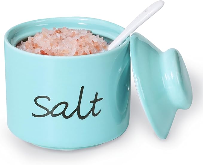 ONTUBE Farmhouse 8oz Salt Bowls with Lid and Spoon, Ceramics Condiment Pots, Seasoning Jar Spice Container for Kitchen, Dishwasher Safe (Turquoise)