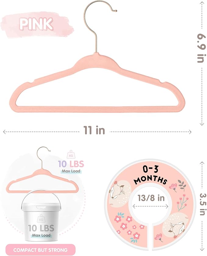 VIS'V Baby Hangers, 11 Inch Velvet Kids Hangers with 6 Pcs Clothes Size Dividers, Infant Toddler Nursery Closet Organization, Non Slip, Pink, 30 Pcs