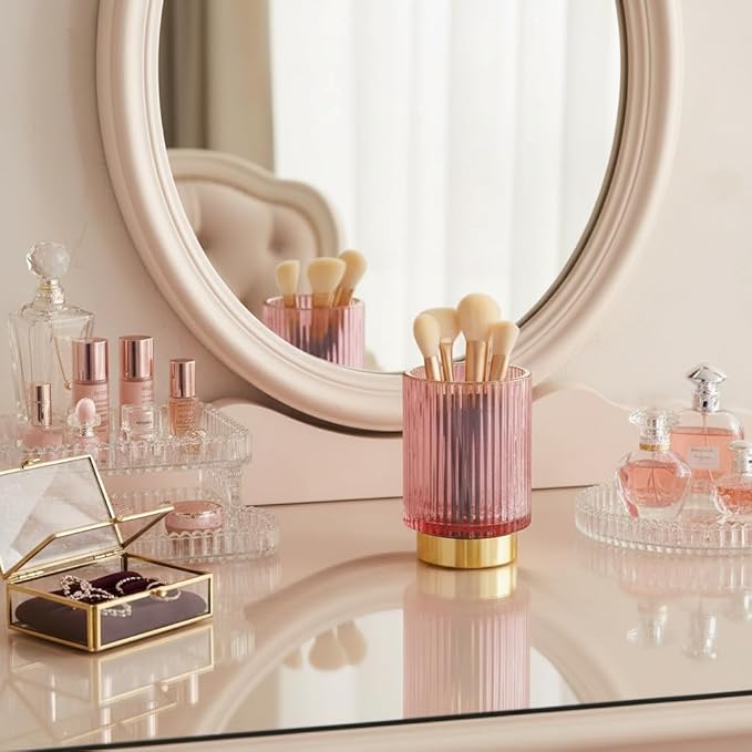 Vintage Makeup Brush Holder Organizer,Dresser Glass Brushes Holder,Vanity Cosmetic Brush Holder,Desktop Crystal Eyeliners Eyebrow Pencil Storage Cup Holder for Countertop (Large Pink)