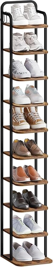 Hzuaneri 10 Tiers Vertical Shoe Rack, Narrow Shoe Tower, Tall Shoes Shelf with 2 Hooks, Adjustable Shelves, Corner Shoes Shelves for Small Spaces, Entryway, Living Room, Rustic Brown SR11201B