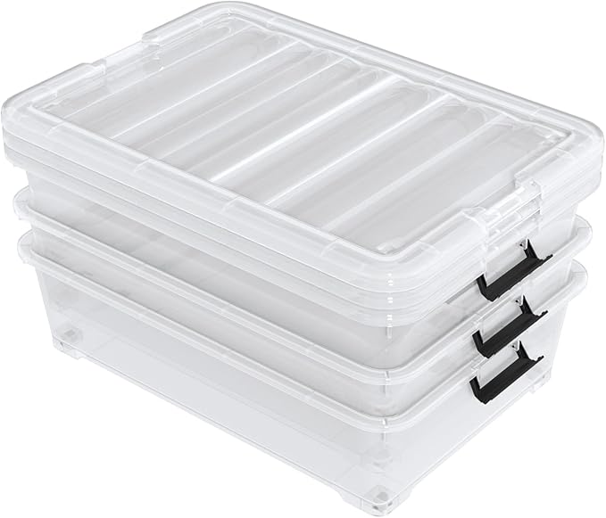 50 Quart Large Clear Plastic Under Bed Storage Bins with Wheels, 3-Pack Stackable Storage Bin with Latching Lid