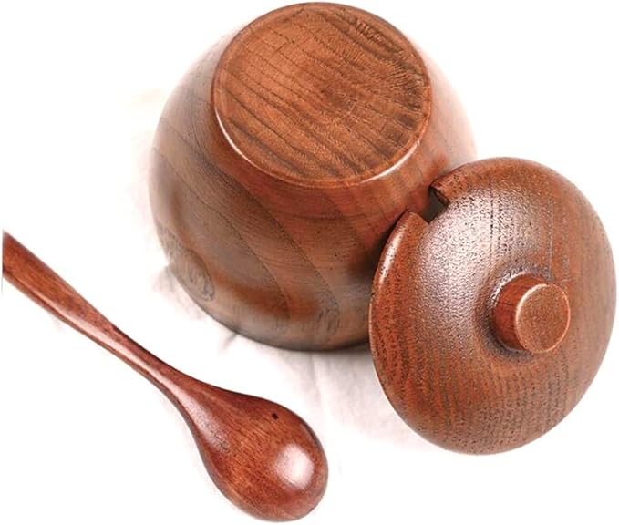 Wood Salt Box Condiment Container Spice Jar Bamboo Salt Sugar Cellar Bowl with Lids and Spoons for Kitchen (Wood)