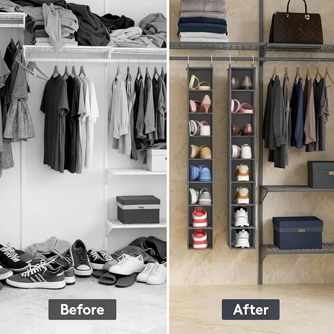Lifewit Closet Shoe Organizer Hanging 8 Tier, Fabric Shoe Hanging Organizer for Closet, Collapsible Closet Organizers and Storage for Shelf, Wardrode, Dorm, 11.8" L X 5.9" W X 40.9" H, Gray