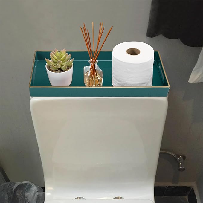 MAONAME Green Vanity Tray Set of 2, Plastic Decorative Tray with Handles, Long Narrow Trays, Small Bathroom Trays for Toilet Tank, 13.8" X 6" X 1.57"
