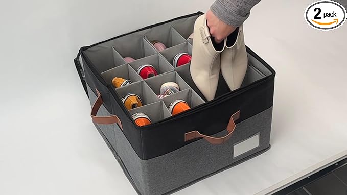 Shoe Organizer for Closet, Adjustable Shoe Box Storage Containers, Large Foldable Shoe Storage Bins with Clear Cover, Space Saving Shoes Holder with 4 Handles, Fits 8-16 Pairs, 2 Pack, Beige