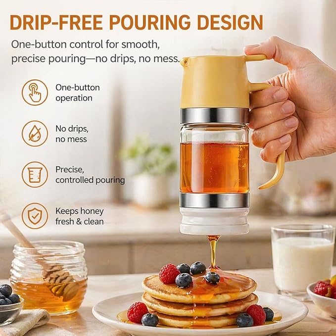 2026 New Dispensador De Leche Condensada, Glass Honey Dispenser with Base No Drip, Maple Syrup Dispenser for Coffee, Tea, Breakfast & Baking (Yellow)