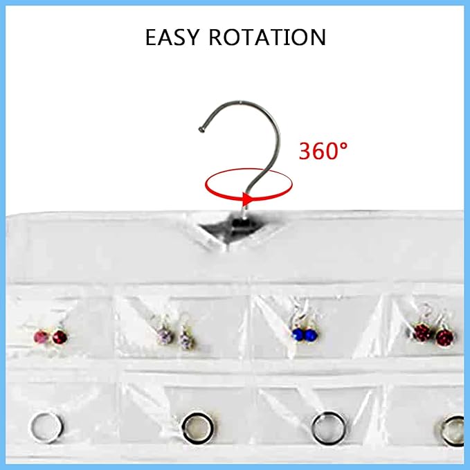 1 Pack Hanging Jewelry Organizer 80-Pocket Dual-sided Jewelry Storage for Earring Necklace Bracelet Ring Travel Holder, White