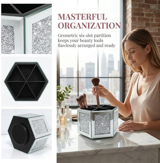 Rotatable Multifunctional Jewelry Utensil Holder Hexagon Jewelry Make up Organizer Cups Crush Diamond Mirror Decor, brush/office pen cup holder Eyeliners Display Case for Vanity