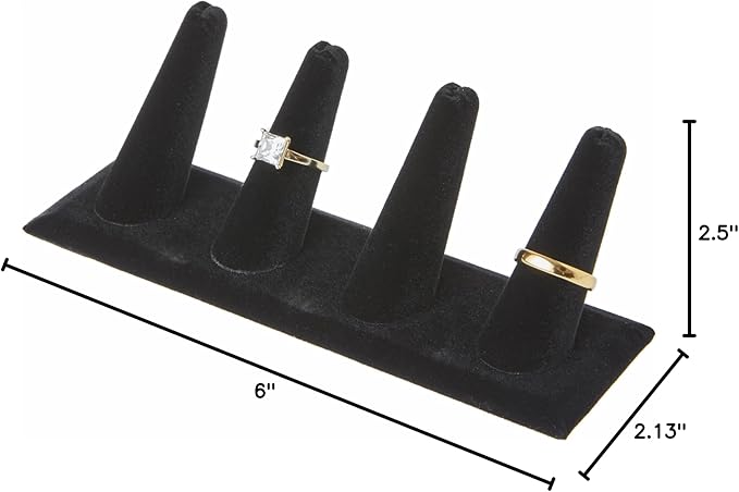 Plymor Black Velvet Ring Finger Display, Four on Rectangular Base, 6" W x 2.125" D x 2.5" H (Pack of 6)
