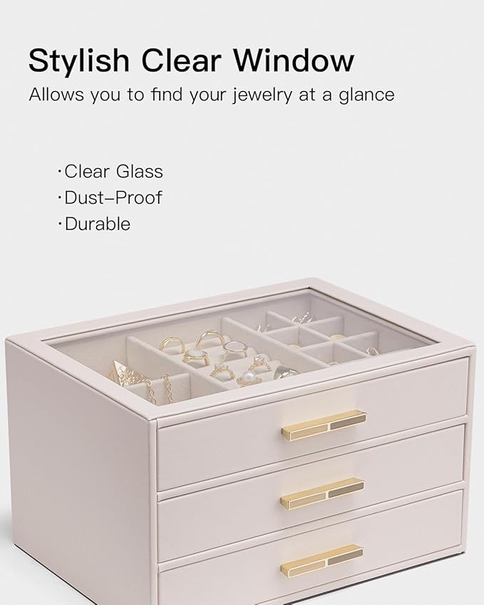 VLANDO Jewelry Box for Women, Glass Lid Jewelry Organizer with 3 Drawers for Necklaces Rings Earrings Bracelets - Light Pink