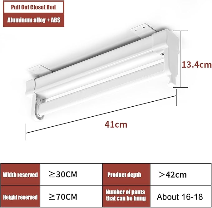 Heavy Duty Retractable Pull Out Pants Rack,Aluminum Alloy Pull Out Closet Valet Rod,Extendable Wardrobe Rail Tube for Hanging Clothes, Top Mount (Color : White, Battery *1 : 41cm)