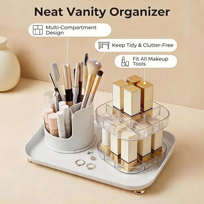 Makeup Brush Holder with Lid, 360° Rotating Makeup Organizer, Large Capacity Dustproof Storage Box & Lipstick Display Stand, Multifunctional Desktop Vanity Organizer with Easy Access