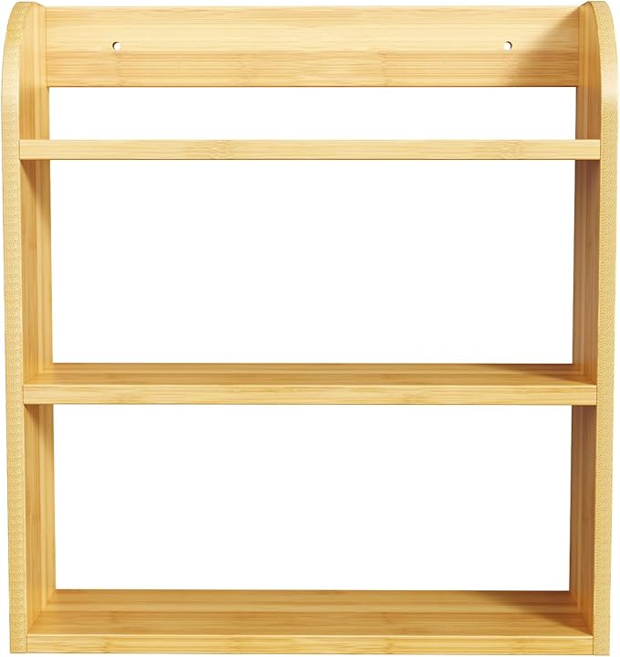 ROMGUAR CRAFT 3 Tier Bamboo Spice Rack, Countertop or Wall Mounting Wood Spice Jars Organizer Shelf for Kitche, Pantry (Natural)