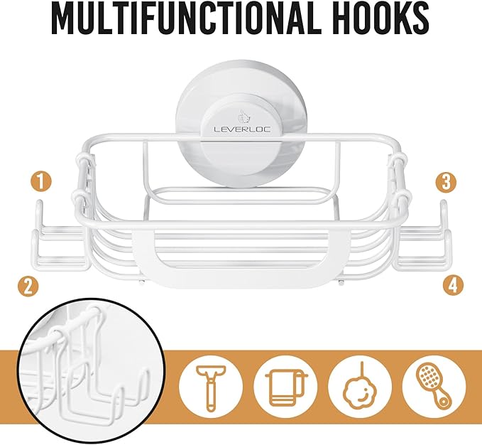LEVERLOC Soap Holder Dish with Hooks for Shower, Bar Suction Cup Soap Tray Wall Mounted, Rustproof Stainless Steel Sponge Holder Caddy for Bathroom Bathtub Kitchen Sink, White