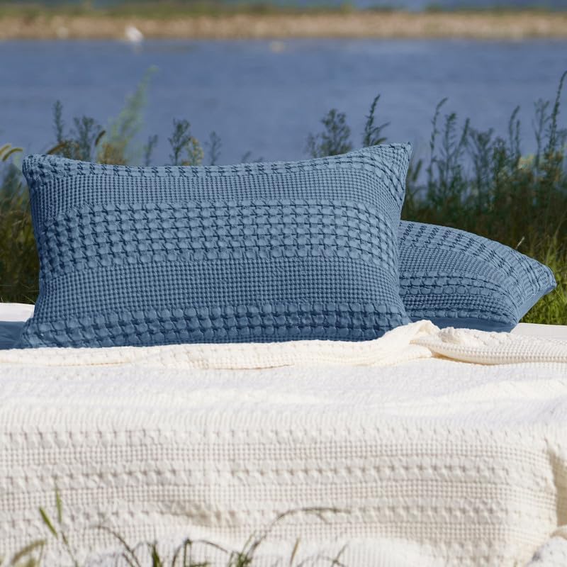 PHF Cotton Waffle Pillow Shams Standard Size 20"x26", Denim Blue, No Insert - Image 6