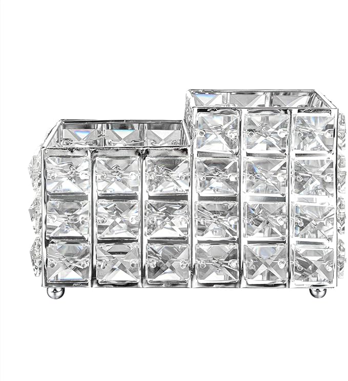 LUEXBOX Crystal Makeup Brush Holder, One-Piece Square Brush Organizer, Cosmetics Brush Storage Container for Table, Dresser, Bathroom, Bedroom Organization (Silver)
