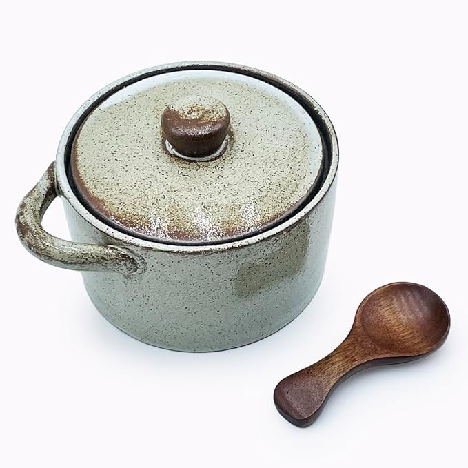 12 oz Ceramic Salt Cellar with Lid & Wooden Spoon,Countertop Salt Container,Sugar Bowl,Spices Jar| Artisan Kitchen Decor(Coarse Pottery)