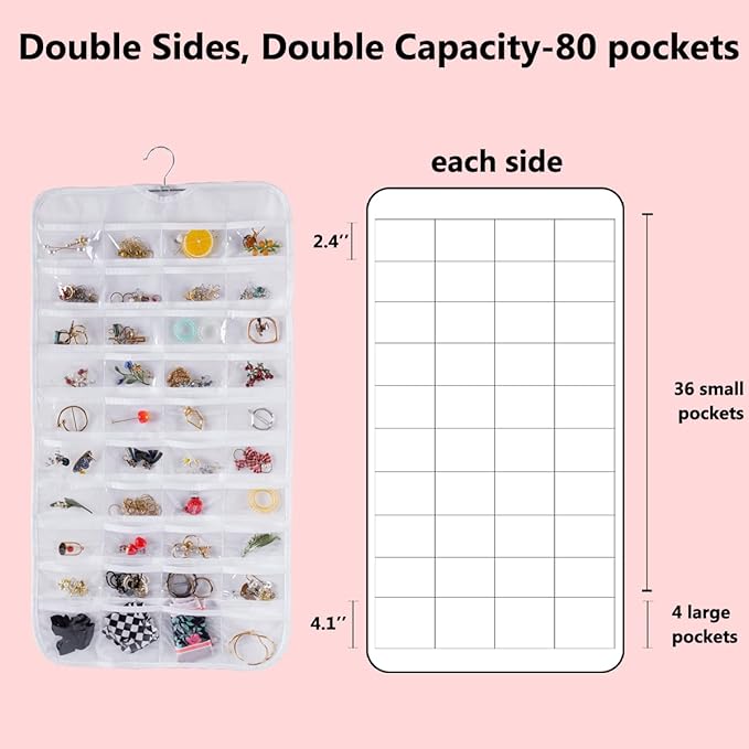 Bloss Hanging Jewelry Organizer With 80 Pockets Double-Side Dating Gifts Jewelry Storage Hanger For Accessories Jewelry Earring Holder Storage for Closet,Wall, Door, Travel-White