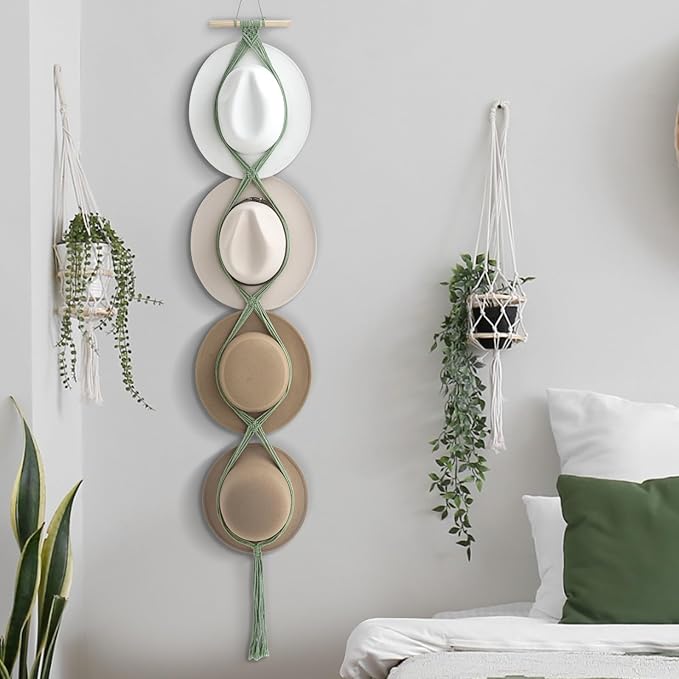 Yulejo Macrame Hat Hangers Boho Hat Rack Cowboy Hat Hanger Back of Door Hat Organizer (Sage Green,Four Hats Style)