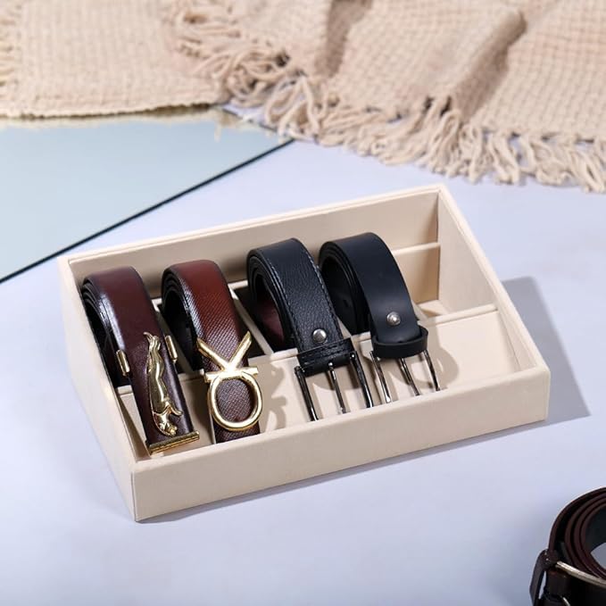 La Trove 5 Slot Belt Organizer Tray, Velvet Drawer Insert for Men’s Belts, Belt Storage Organizer for Closet & Drawer, Cream