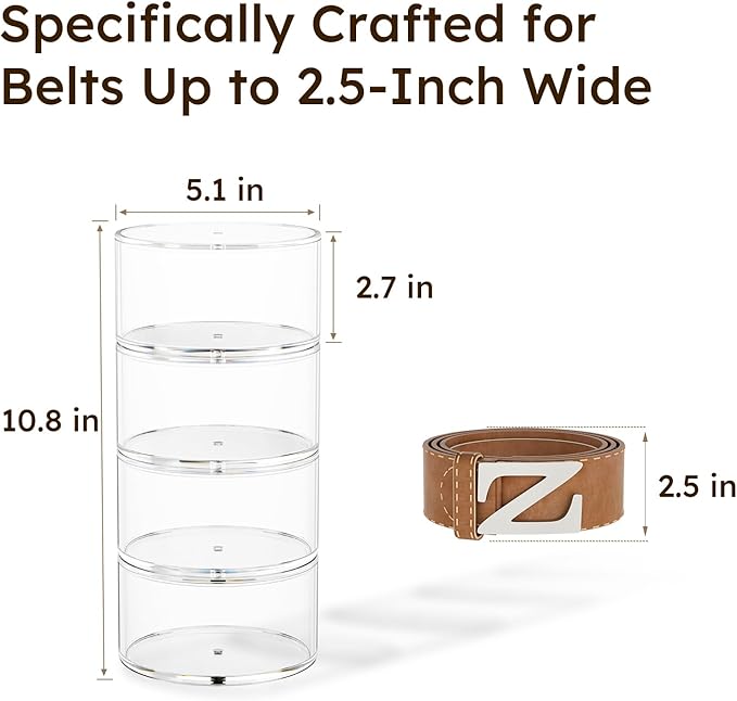 FEMELI Belt Organizer, Acrylic Belt Storage Holder for Closet & Drawer, 4-Layers Stackable Display Case for Belts, Watches, Jewelry and Ties