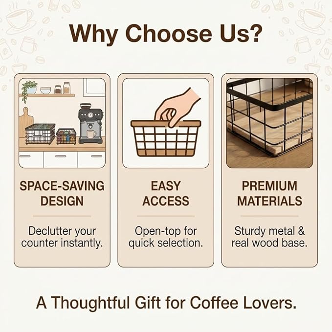 2-Pack Coffee Pod Holder Basket with Wood Base - Modern Rustic Coffee Pods Organizer for Coffee Station & Bar, High-Capacity Wire Capsule Storage for Kitchen Countertop Office