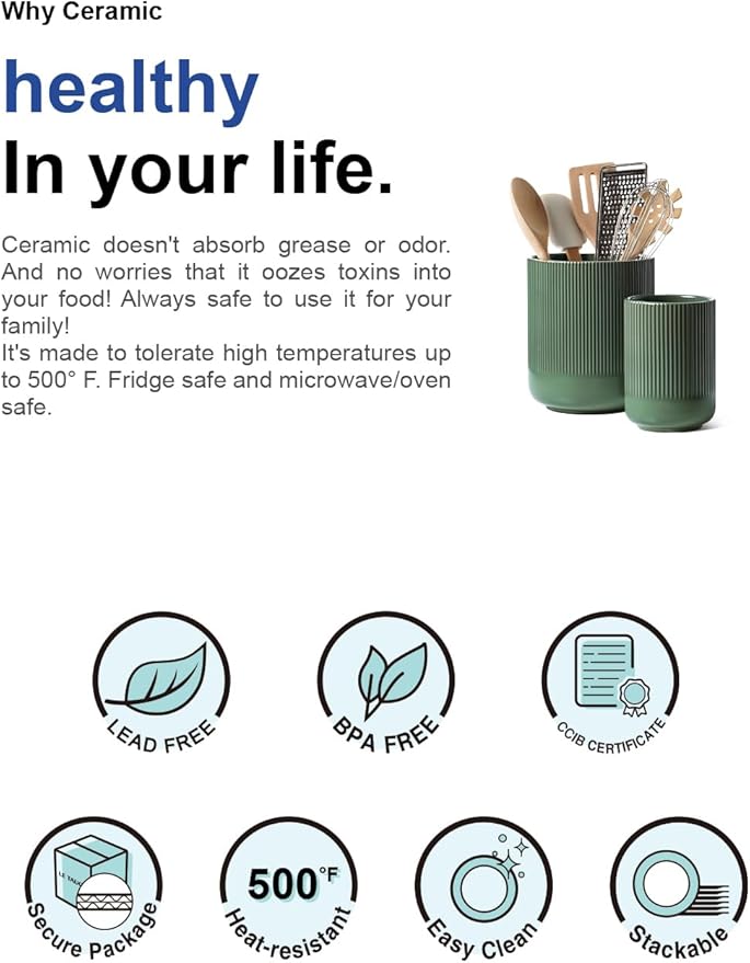 LE TAUCI Utensil Holder for Kitchen Counter, 7.3"+5.4" Fluted Ceramic Utensil Crock Organizer for Countertop, Heavy Large Holder for Spatulas, Spoons, Set of 2, Forest Green