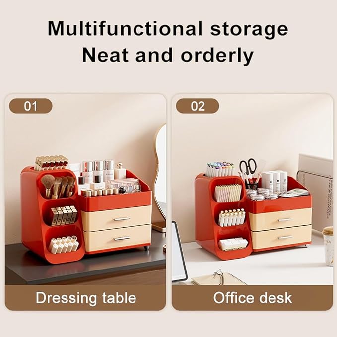 Makeup Organizer with Drawers,Large Capacity Countertop Organizer for Vanity,Bathroom and Bedroom Desk Cosmetics Organizer,Easy To Storage Skincare,Brushes,Lotions (Red and Cream)